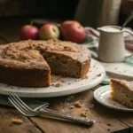 Homemade Amish applesauce cake on rustic table, captured with a vintage camera.