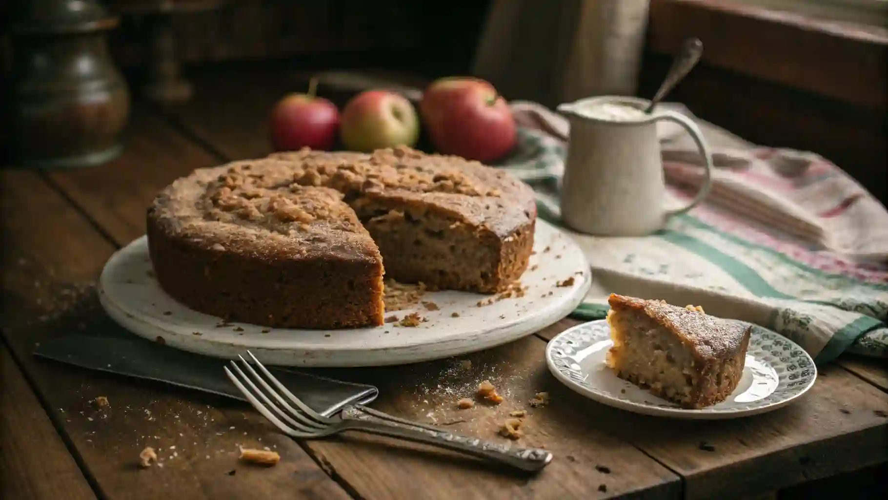 Homemade Amish applesauce cake on rustic table, captured with a vintage camera.