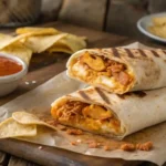 Homemade crispy hot chicken and cheese wrap sliced open on a rustic table