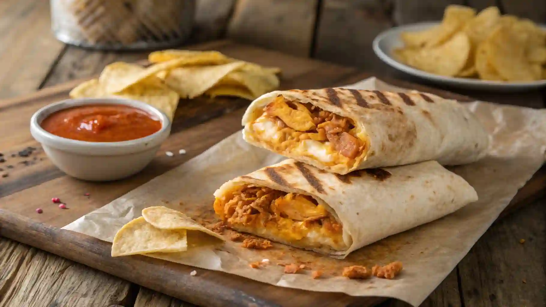 Homemade crispy hot chicken and cheese wrap sliced open on a rustic table