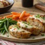 Homemade Garlic Parmesan Chicken Meatloaf with vegetables on a rustic plate.
