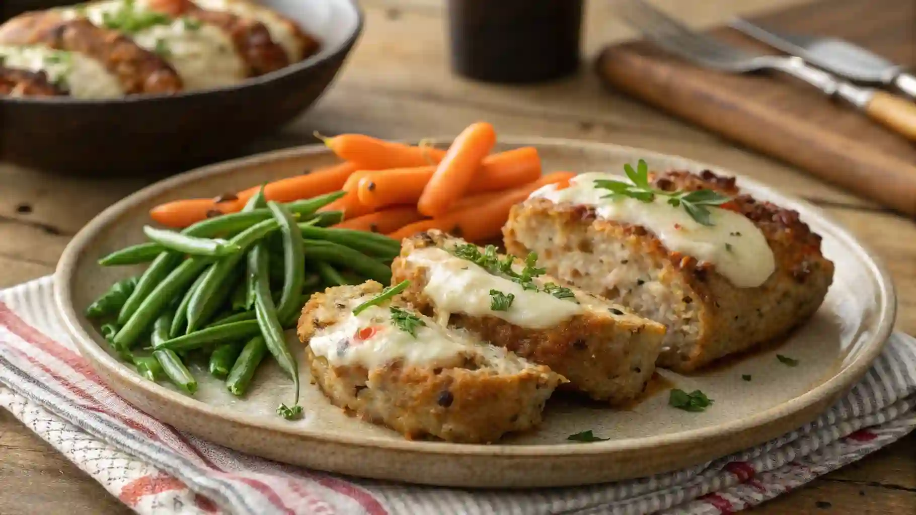 Homemade Garlic Parmesan Chicken Meatloaf with vegetables on a rustic plate.