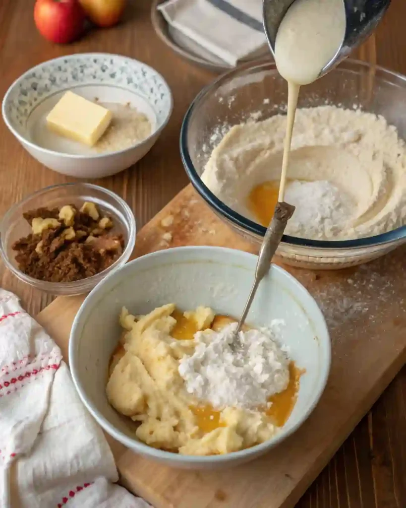 Step-by-step Amish applesauce cake preparation on a wooden surface.
