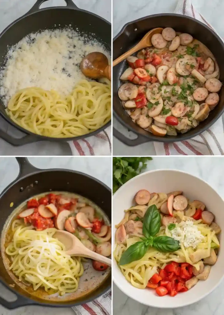 Step-by-step chicken sausage zucchini tomato pasta in a single skillet.