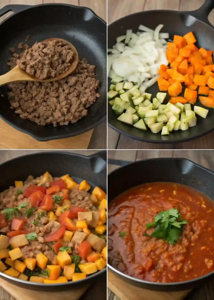 Step-by-step cooking process of a ground beef zucchini sweet potato skillet from sautéing to garnishing.