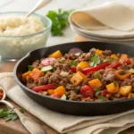 Ground beef zucchini sweet potato skillet in a rustic cast iron pan, served next to cauliflower rice in a glass meal prep container.