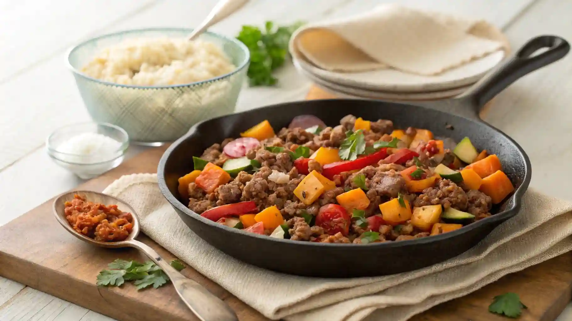Ground beef zucchini sweet potato skillet in a rustic cast iron pan, served next to cauliflower rice in a glass meal prep container.