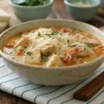 Crockpot Chicken Parmesan Soup served in a rustic bowl, topped with melted cheese and herbs.