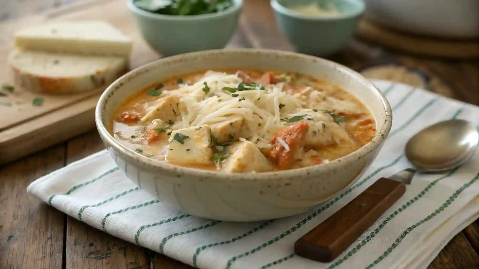 Crockpot Chicken Parmesan Soup served in a rustic bowl, topped with melted cheese and herbs.