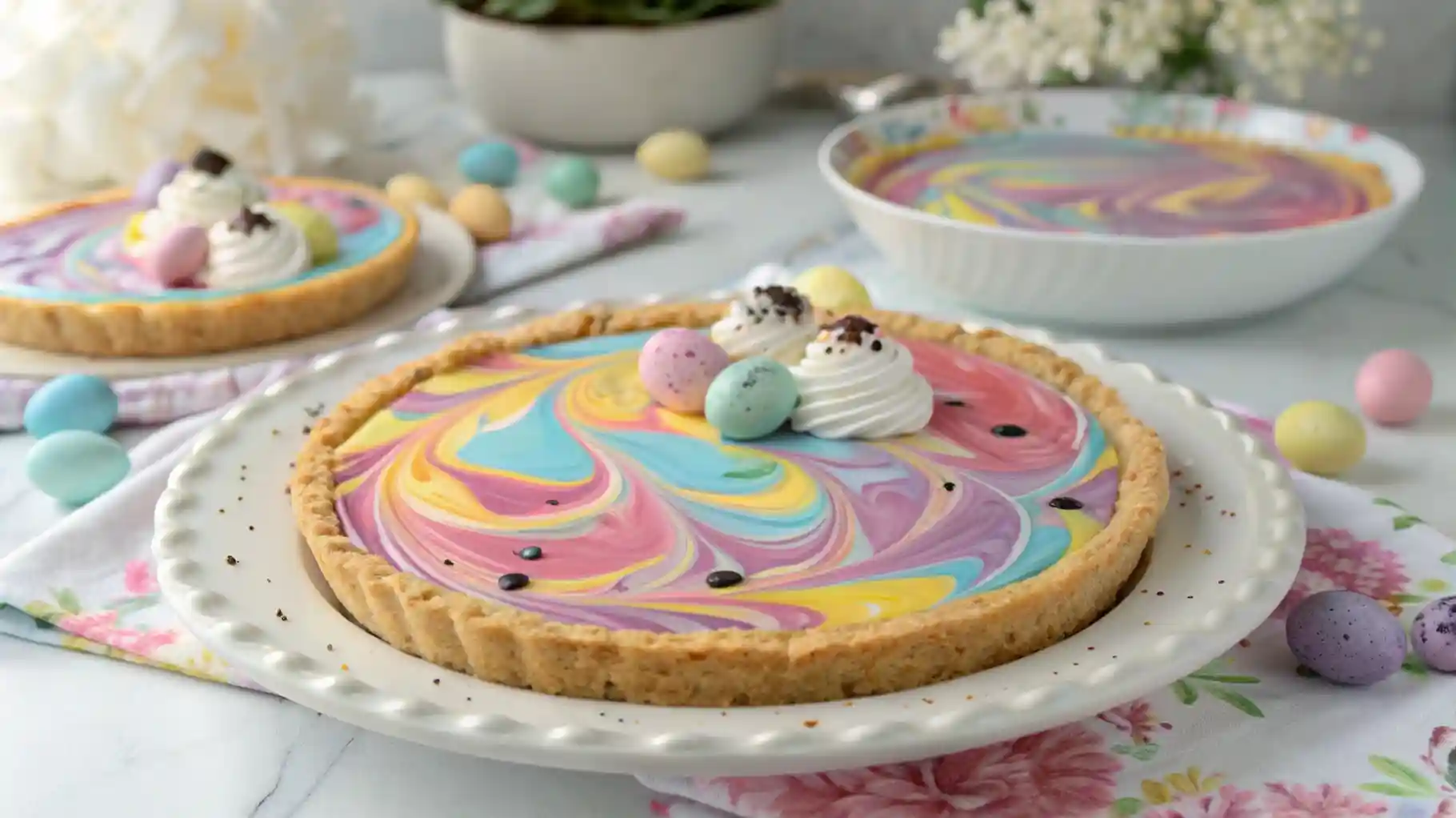 A colorful Easter swirl pie with pastel filling, whipped cream, and festive toppings on a spring-themed table.