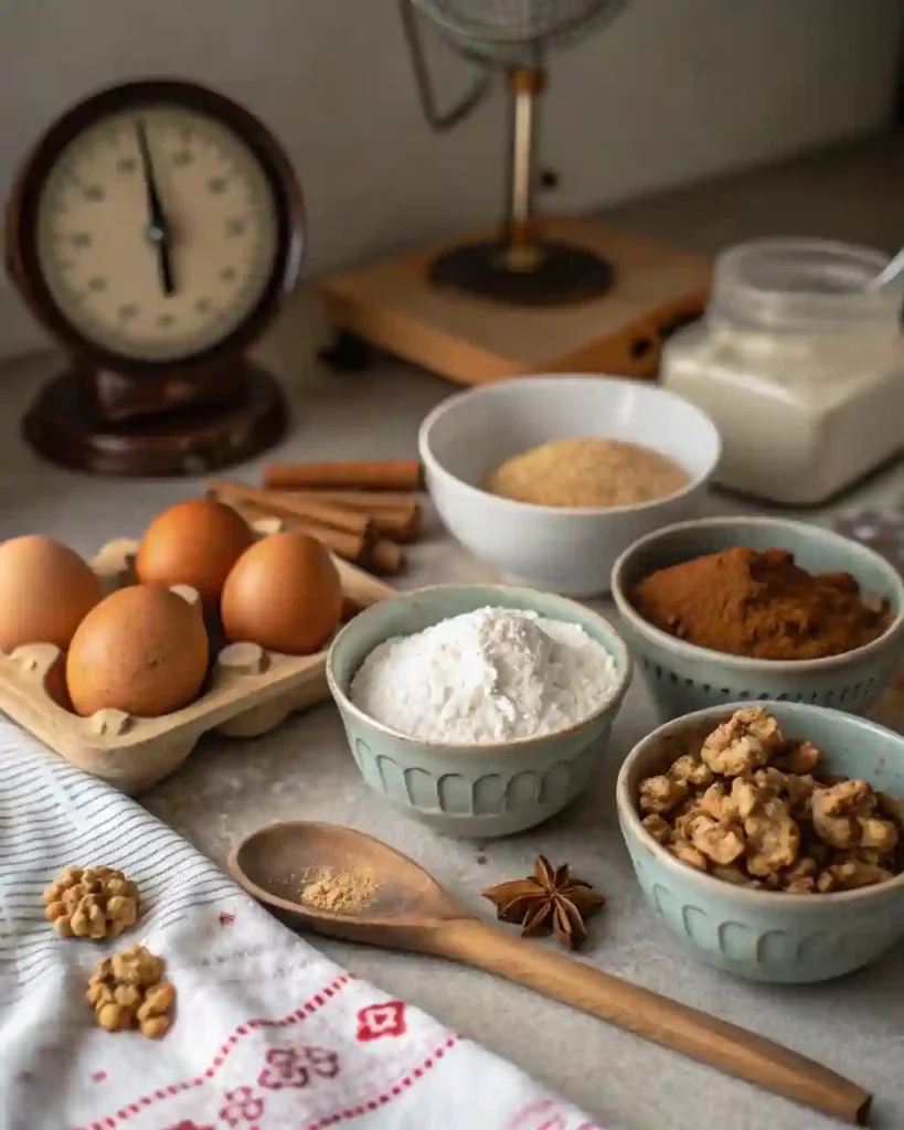 Rustic kitchen counter with Amish applesauce cake ingredients in small bowls.
