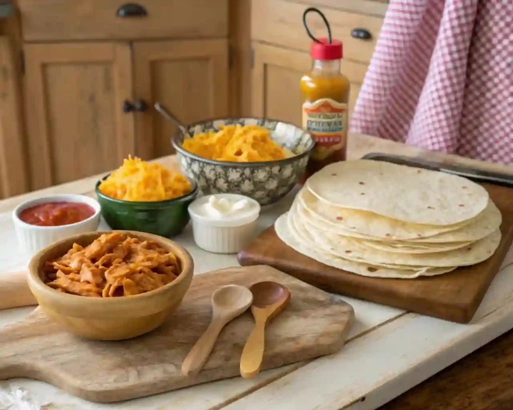 Ingredients for homemade air fryer hot chicken and cheese wraps on a rustic kitchen table.