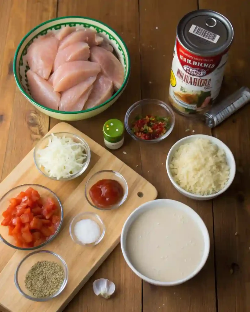 Crockpot Chicken Parmesan Soup ingredients on a wooden counter with a rustic homemade setup.