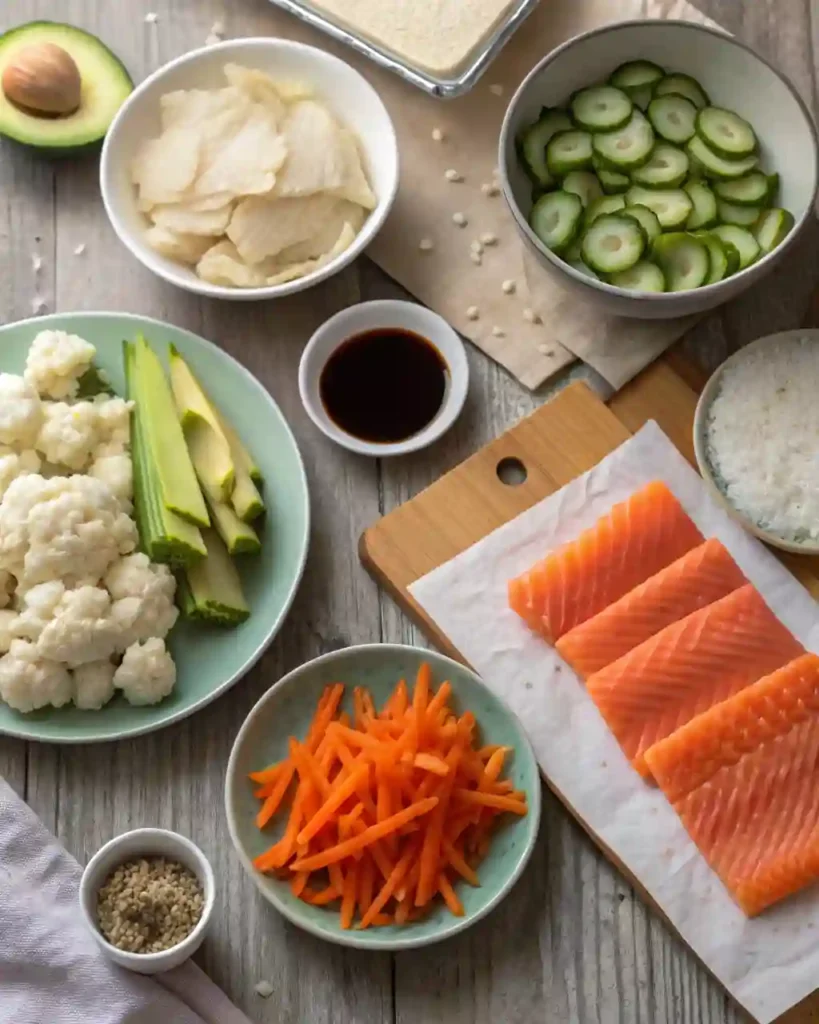 Ingredients for homemade Pesach sushi on a wooden kitchen table with kosher items and fresh produce.