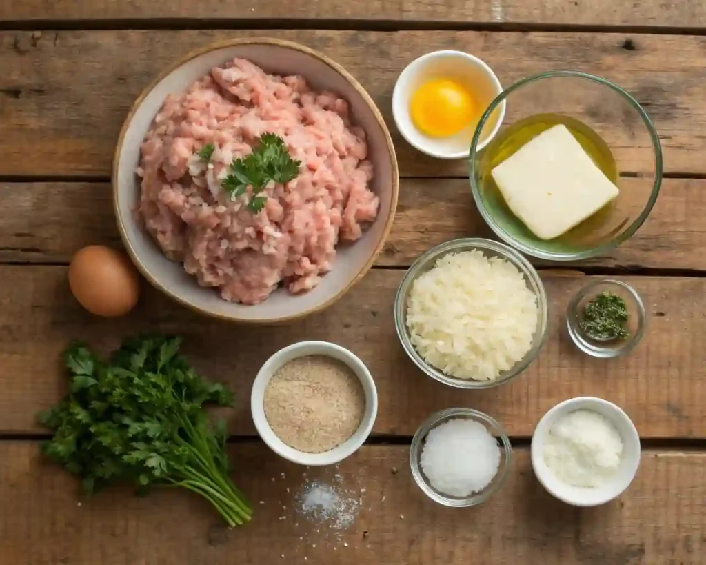 Ingredients for Garlic Parmesan Chicken Meatloaf on a rustic table.