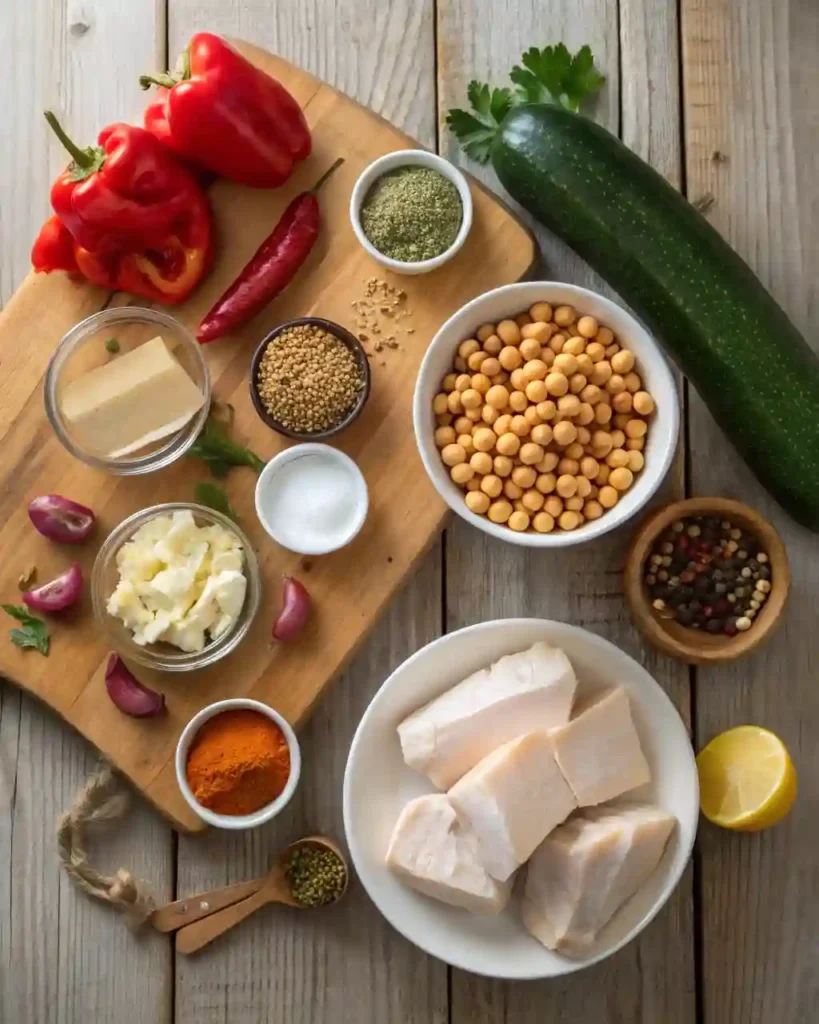Flat lay of fresh ingredients for Jalbiteworld food including veggies, protein, spices, and yogurt on a rustic kitchen surface.