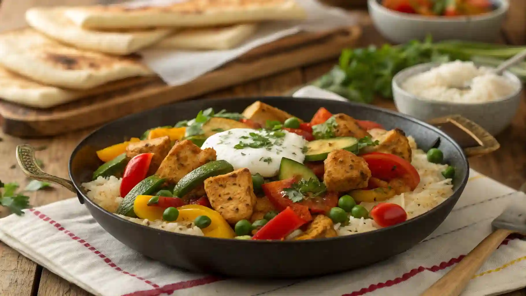Homemade Jalbiteworld food in a rustic skillet with fresh veggies and creamy sauce, captured in vintage photo style.