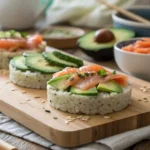 Homemade Pesach sushi made with cauliflower rice, avocado, and salmon on a rustic kitchen board