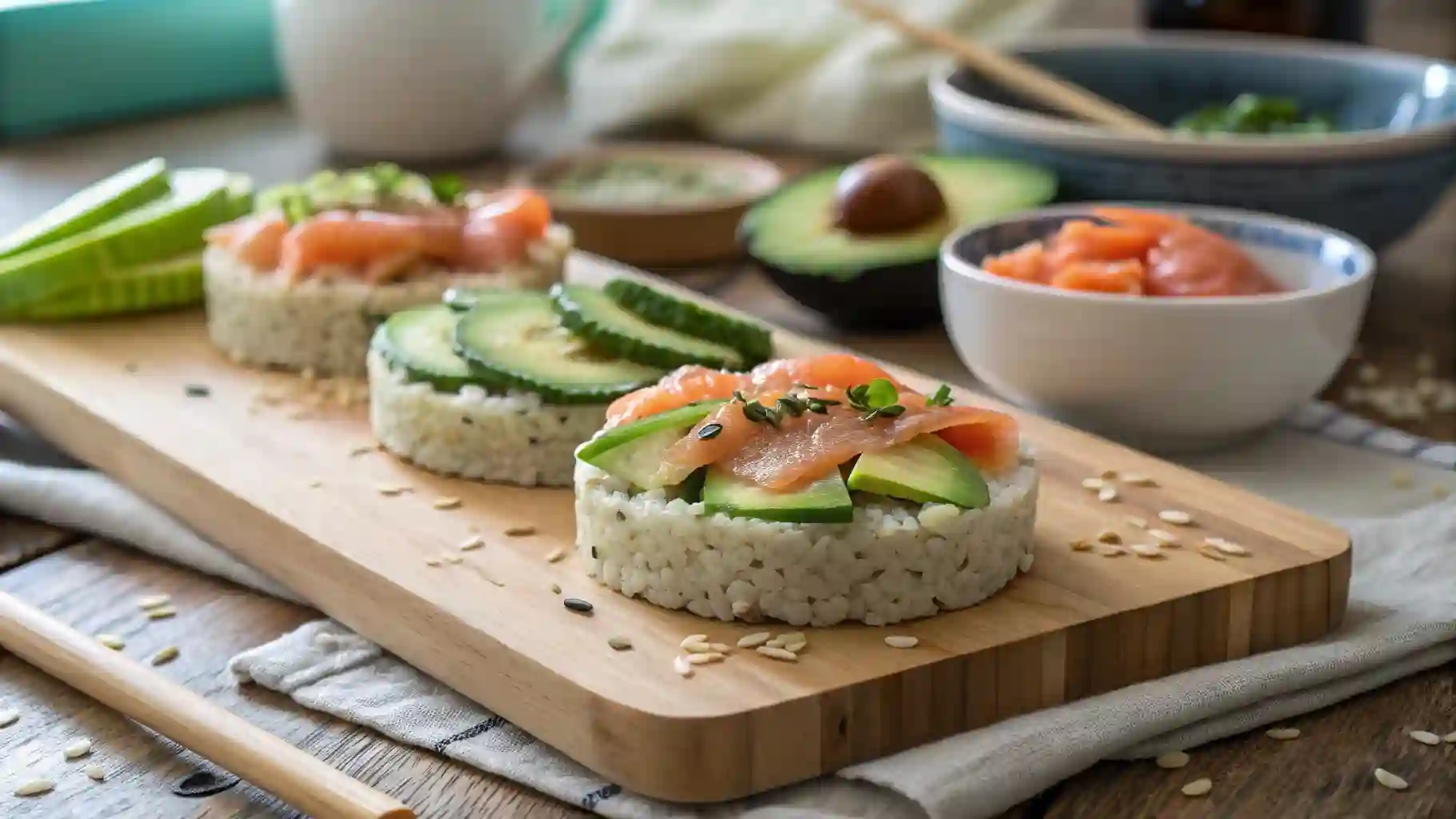 Homemade Pesach sushi made with cauliflower rice, avocado, and salmon on a rustic kitchen board
