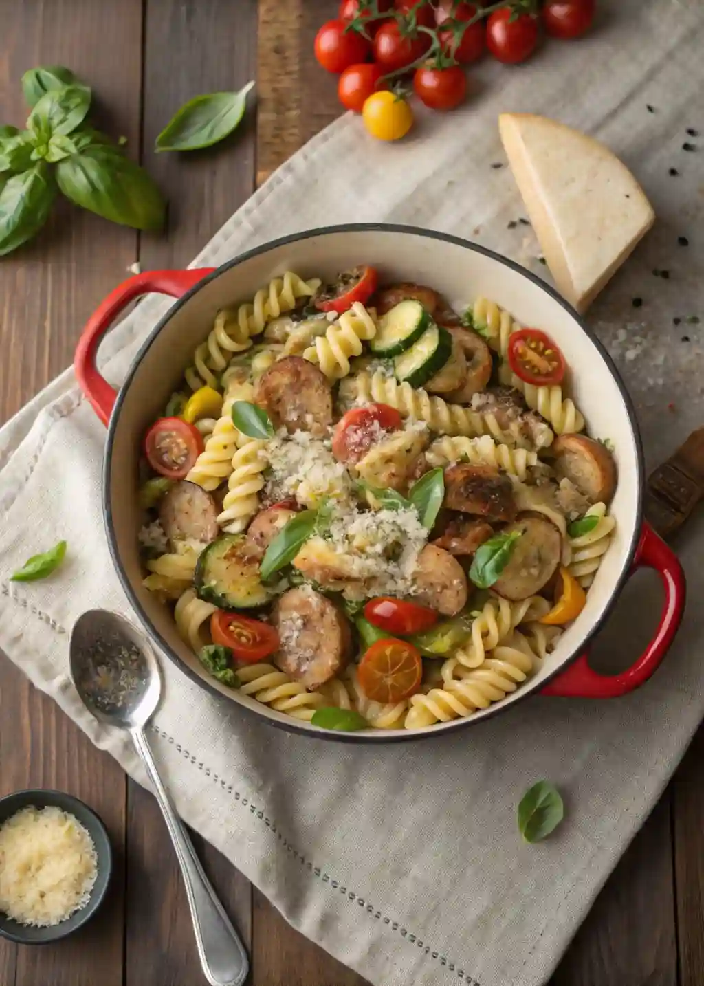 Chicken Sausages with Zucchini, Tomatoes, and Pasta