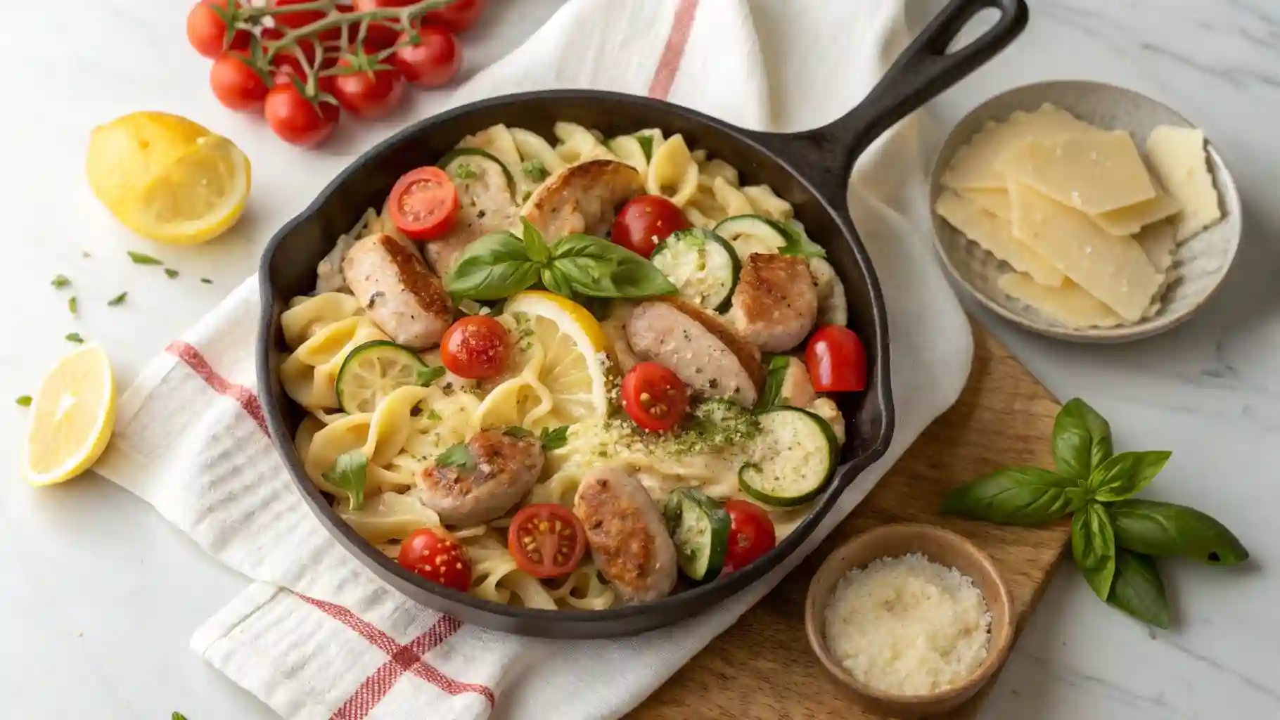 Skillet filled with chicken sausage, zucchini, tomatoes, and pasta in a light lemon-Parmesan sauce.
