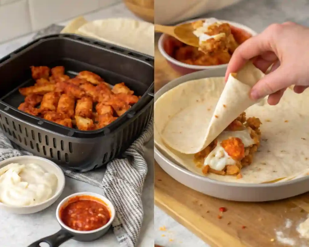 Step-by-step making of hot chicken and cheese wraps for the air fryer.