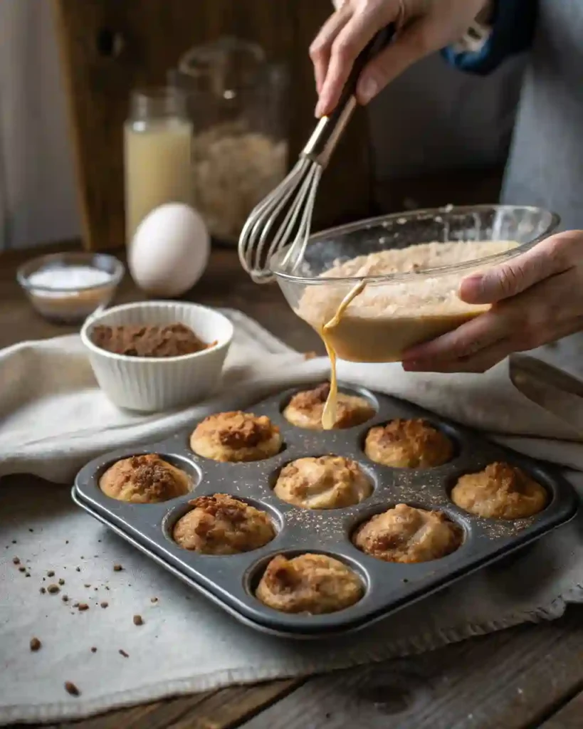 Step-by-step making of cinnamon sugar French toast muffins in a rustic kitchen.