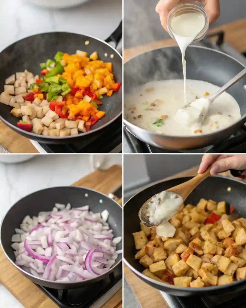 Step-by-step collage of cooking Jalbiteworld food with sautéing, spicing, and mixing creamy sauce.