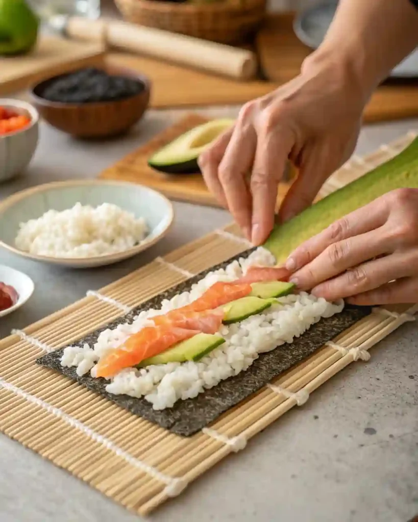 Step-by-step photos showing how to make Pesach sushi using cauliflower rice and kosher fillings.