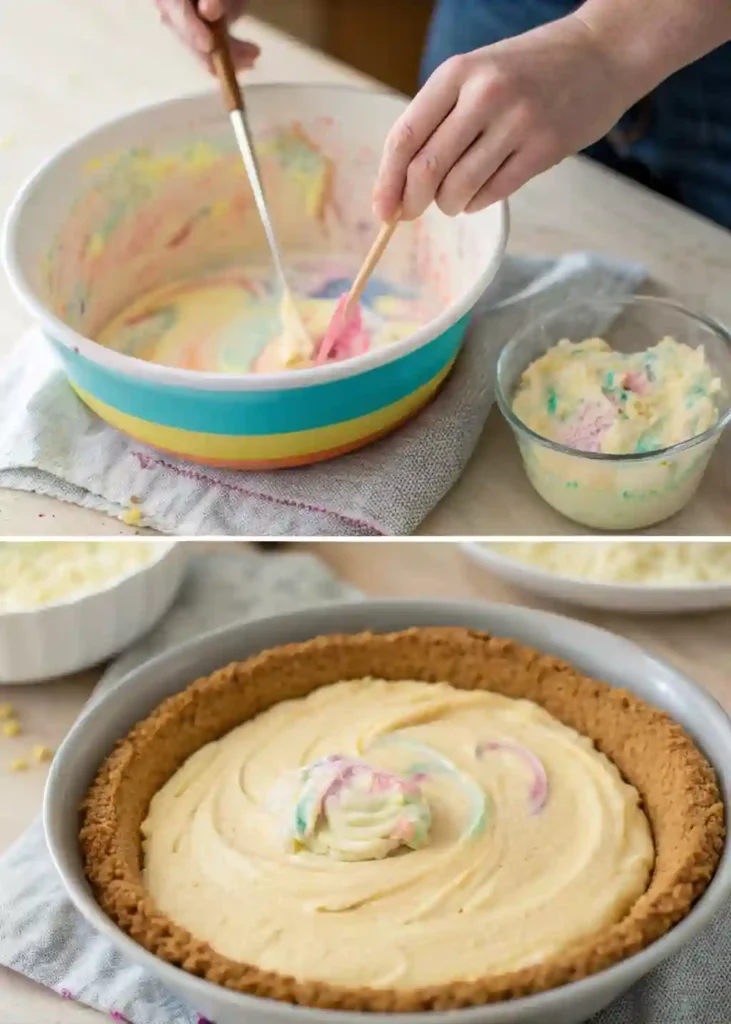Step-by-step process of preparing a colorful Easter swirl pie