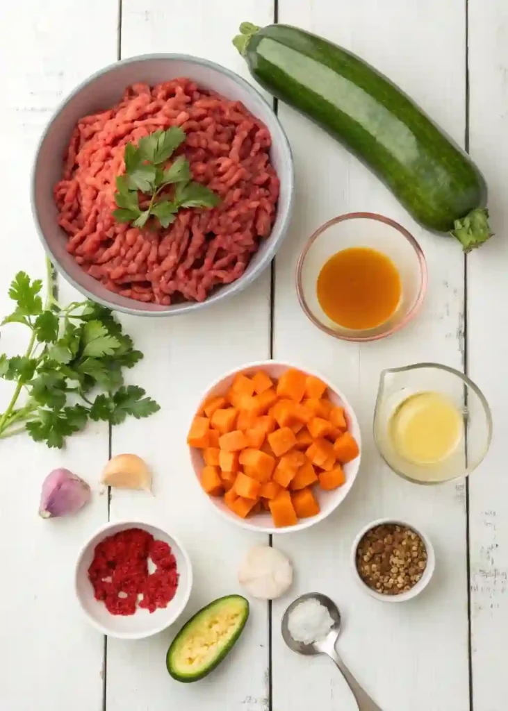 Flat lay of fresh ingredients for making a ground beef zucchini sweet potato skillet, displayed with labels on a white surface.