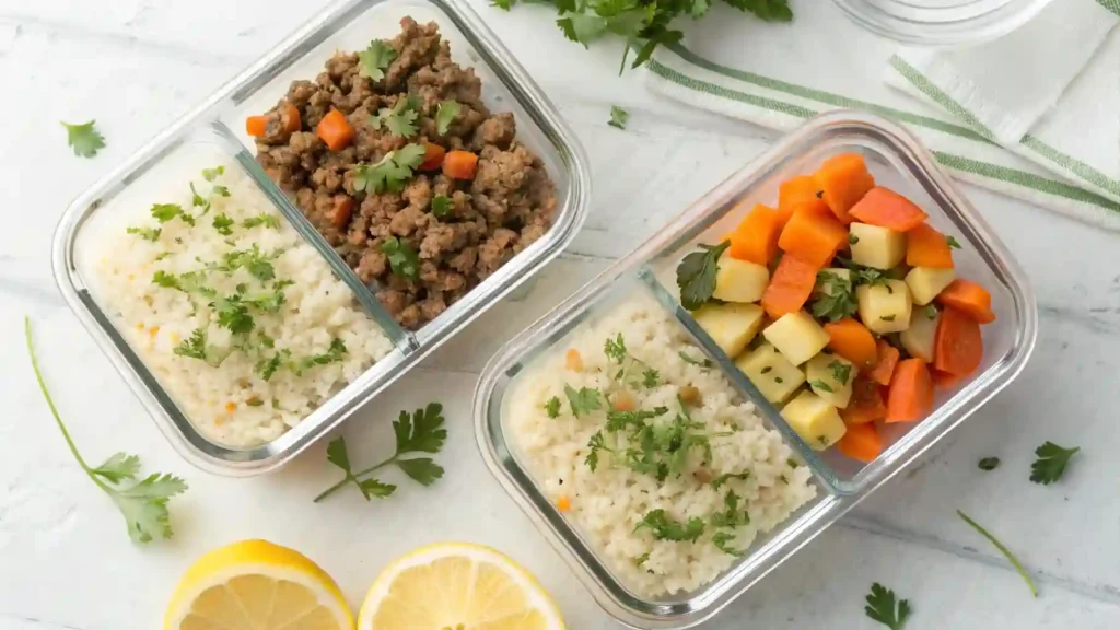 Two glass containers filled with ground beef, sweet potato, and zucchini skillet alongside seasoned cauliflower rice.